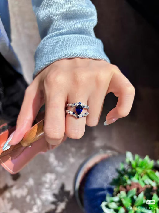 1.5ct Pear Cut Lab-Grown Blue Sapphire Ring with Moissanite | 925 Sterling Silver Platinum Plated Double-Band Ring