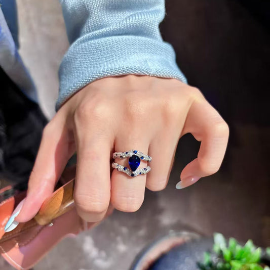 1.5ct Pear Cut Lab-Grown Blue Sapphire Ring with Moissanite | 925 Sterling Silver Platinum Plated Double-Band Ring