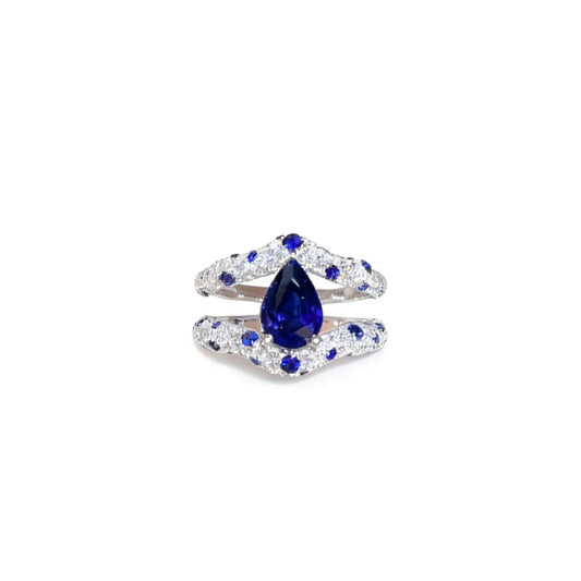 1.5ct Pear Cut Lab-Grown Blue Sapphire Ring with Moissanite | 925 Sterling Silver Platinum Plated Double-Band Ring
