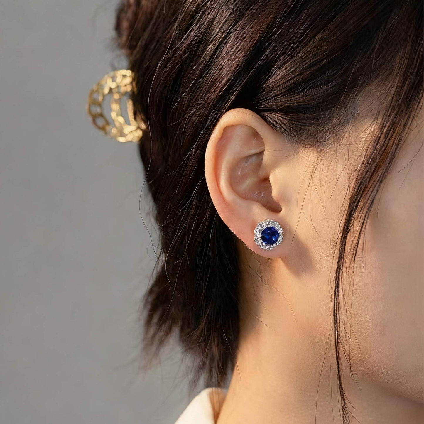 Round Cut Lab-Grown Blue Sapphire Halo Earrings | 925 Sterling Silver Platinum Plated Stud Earrings