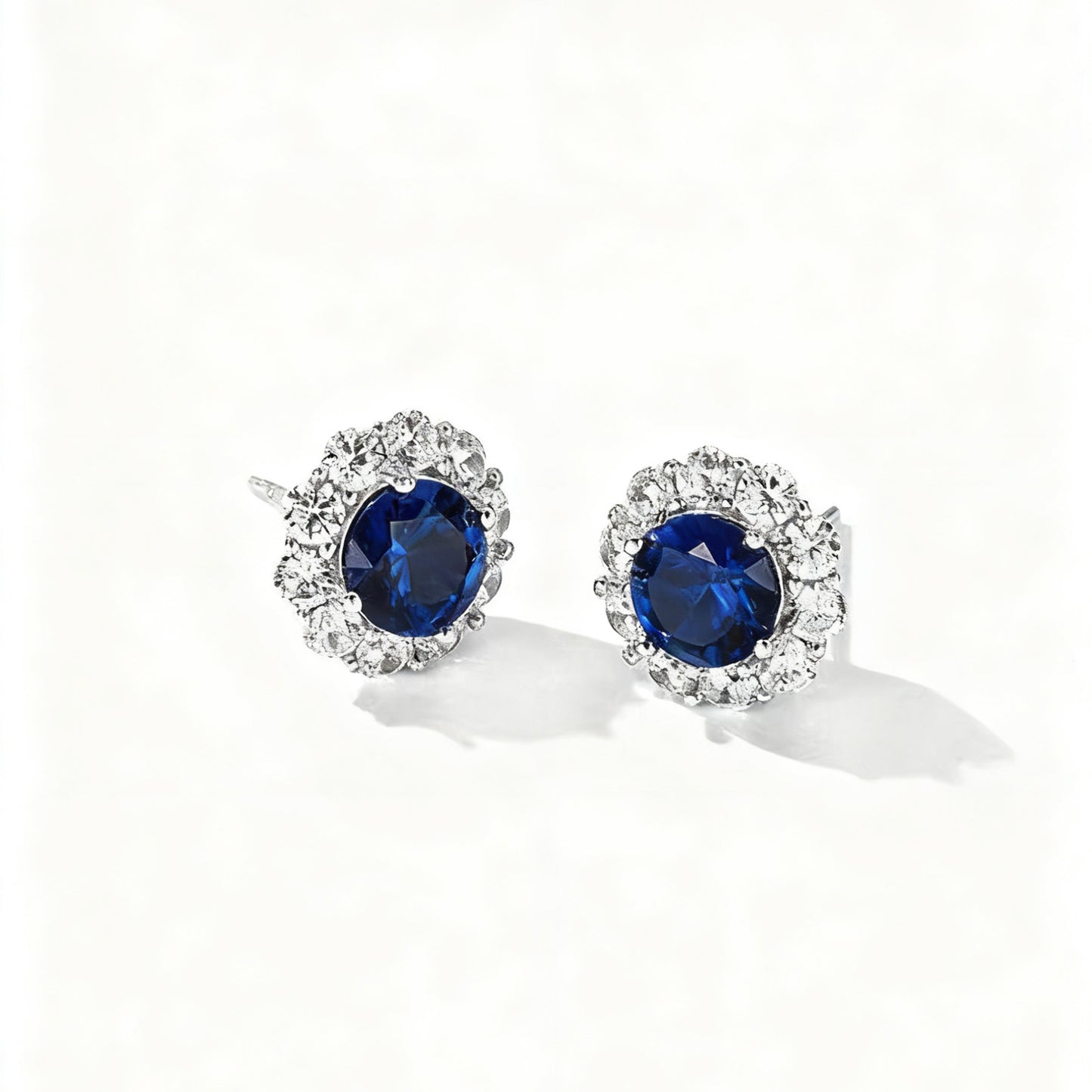 Round Cut Lab-Grown Blue Sapphire Halo Earrings | 925 Sterling Silver Platinum Plated Stud Earrings