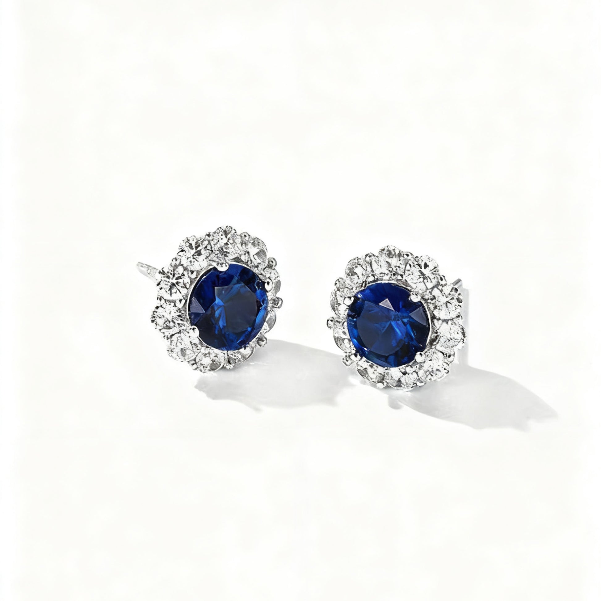 Round Cut Lab-Grown Blue Sapphire Halo Earrings | 925 Sterling Silver Platinum Plated Stud Earrings