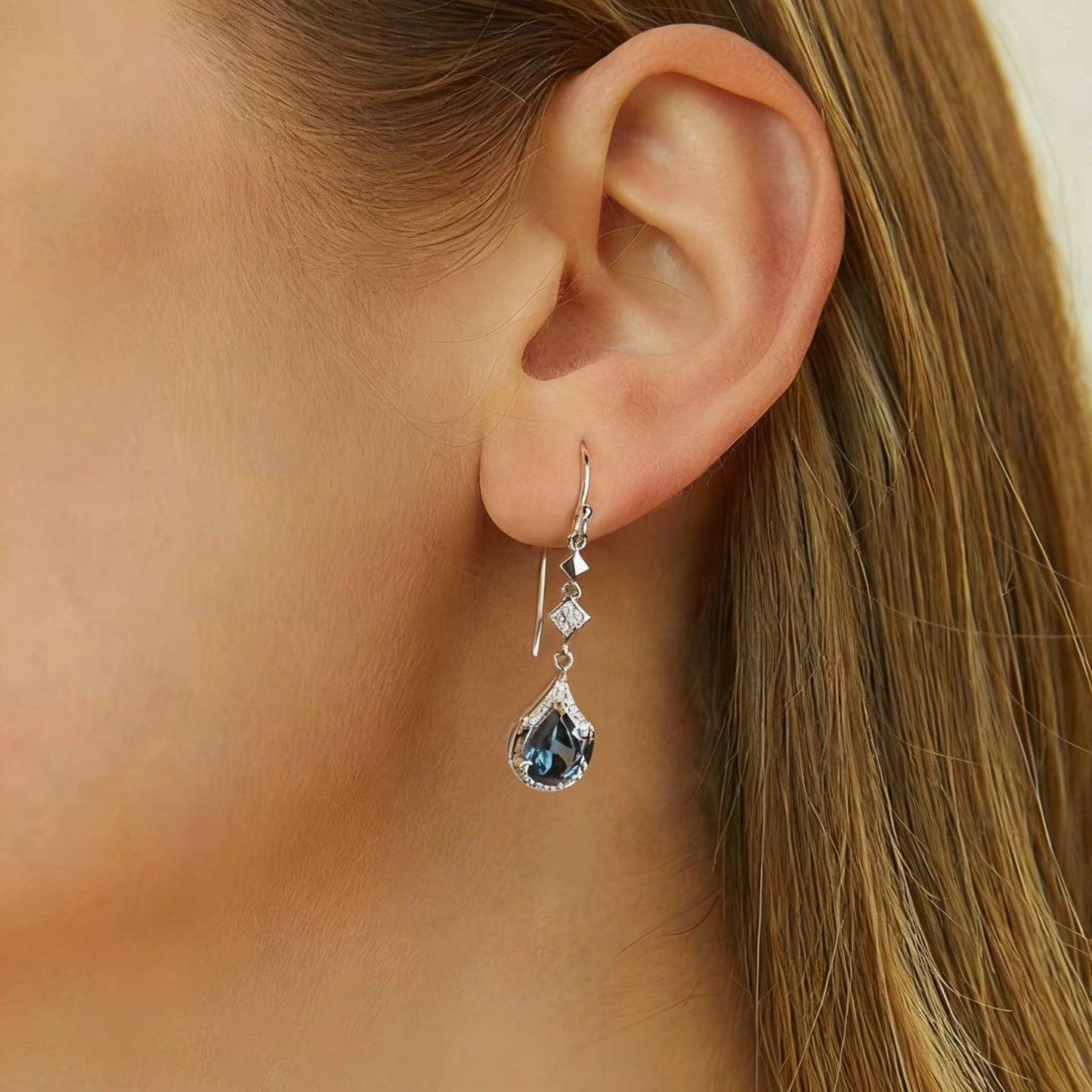 Pear Cut Blue Topaz Drop Earrings | 925 Sterling Silver Platinum Plated Dangle Earrings