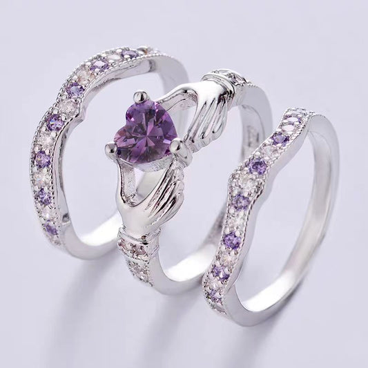 Heart Cut Lab-Grown Purple Sapphire Claddagh Stackable Ring Set | 925 Sterling Silver Irish-Inspired Three-Piece Ring