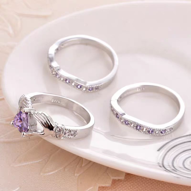 Heart Cut Lab-Grown Purple Sapphire Claddagh Stackable Ring Set | 925 Sterling Silver Irish-Inspired Three-Piece Ring
