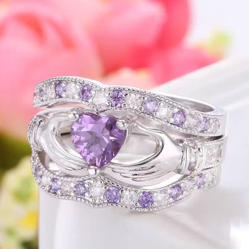 Heart Cut Lab-Grown Purple Sapphire Claddagh Stackable Ring Set | 925 Sterling Silver Irish-Inspired Three-Piece Ring