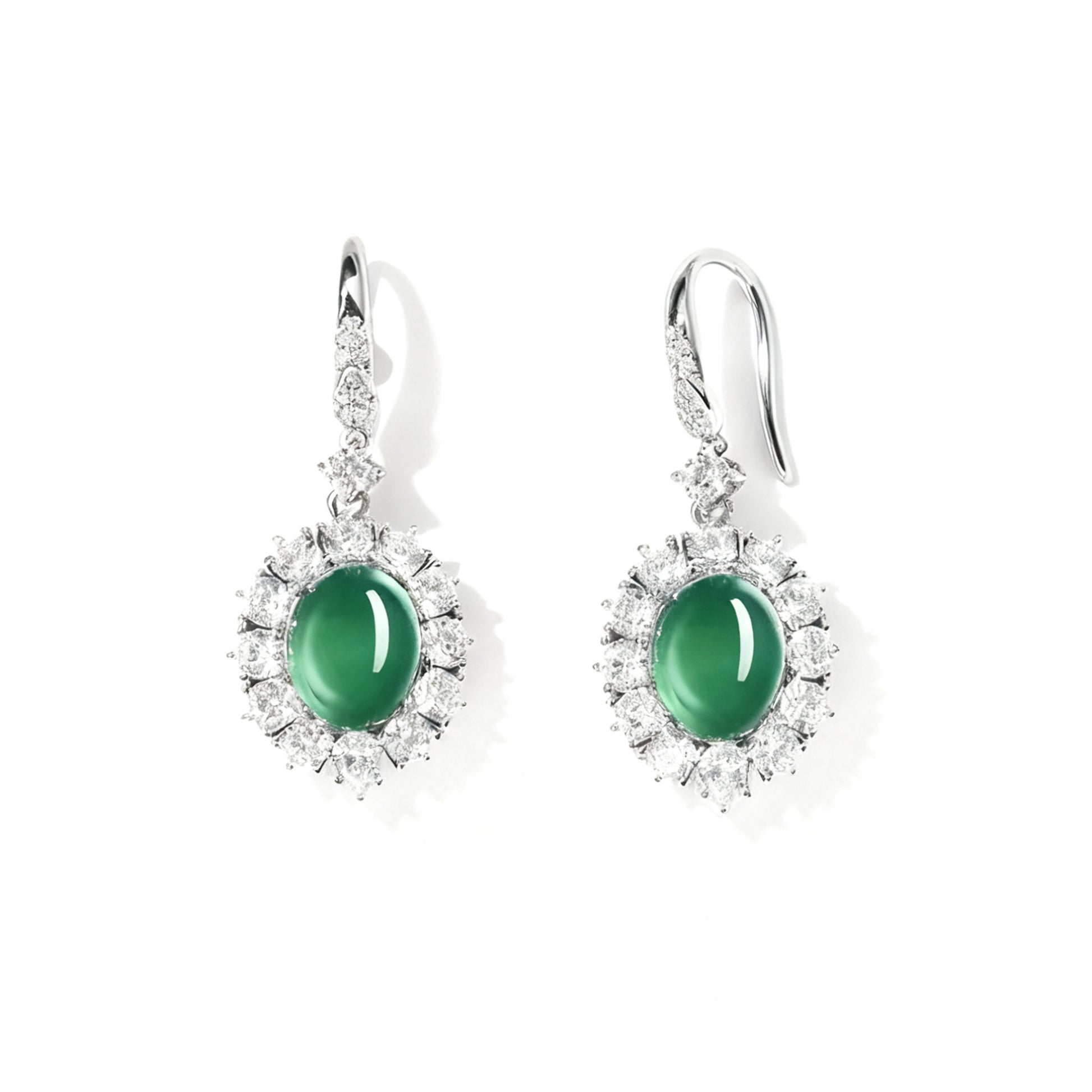 Oval Cut Lab-Grown Emerald Halo Drop Earrings | 925 Sterling Silver Platinum Plated Statement Earrings