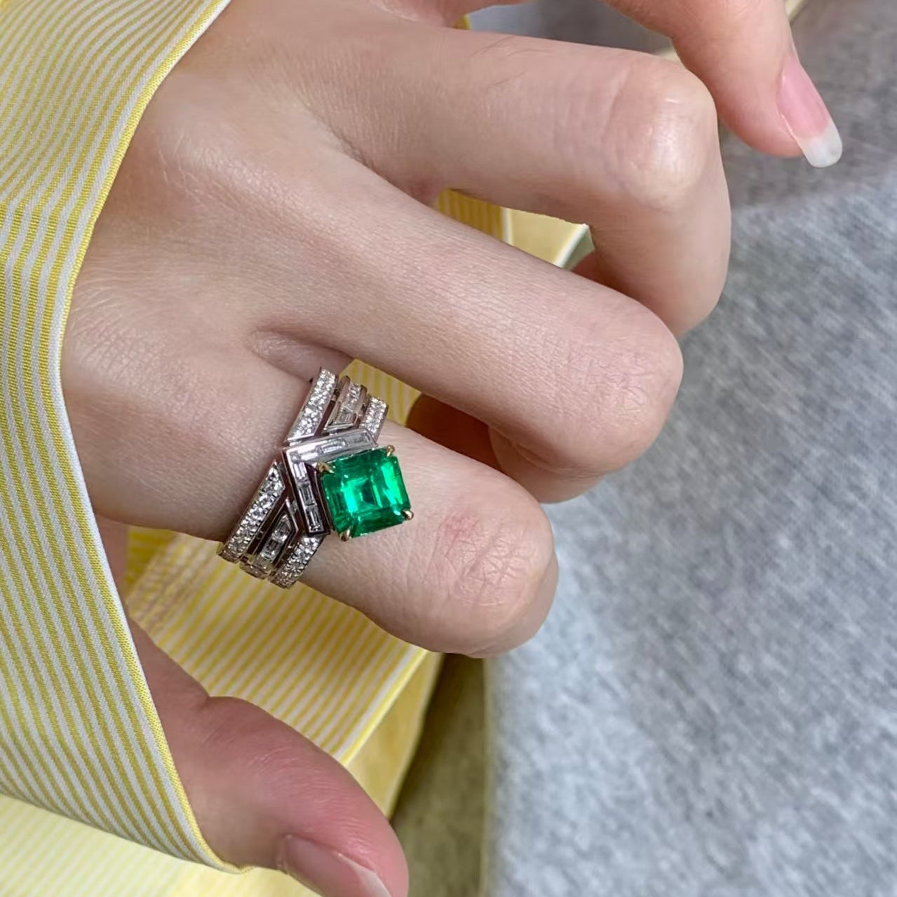 Emerald Cut Lab-Grown Emerald Stackable Ring Set | 925 Sterling Silver Platinum Plated Geometric Ring