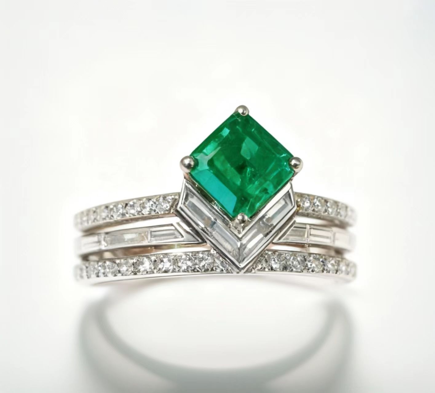 Emerald Cut Lab-Grown Emerald Stackable Ring Set | 925 Sterling Silver Platinum Plated Geometric Ring