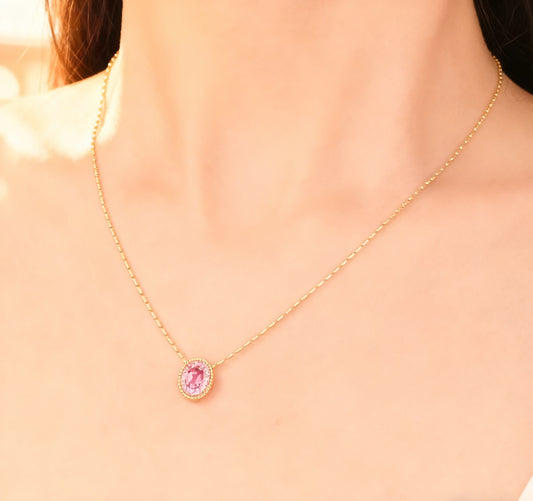 Oval Cut Pink Sapphire Halo Pendant Necklace | 18K Gold Plated 925 Sterling Silver Necklace