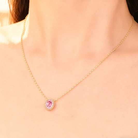 Oval Cut Pink Sapphire Halo Pendant Necklace | 18K Gold Plated 925 Sterling Silver Necklace