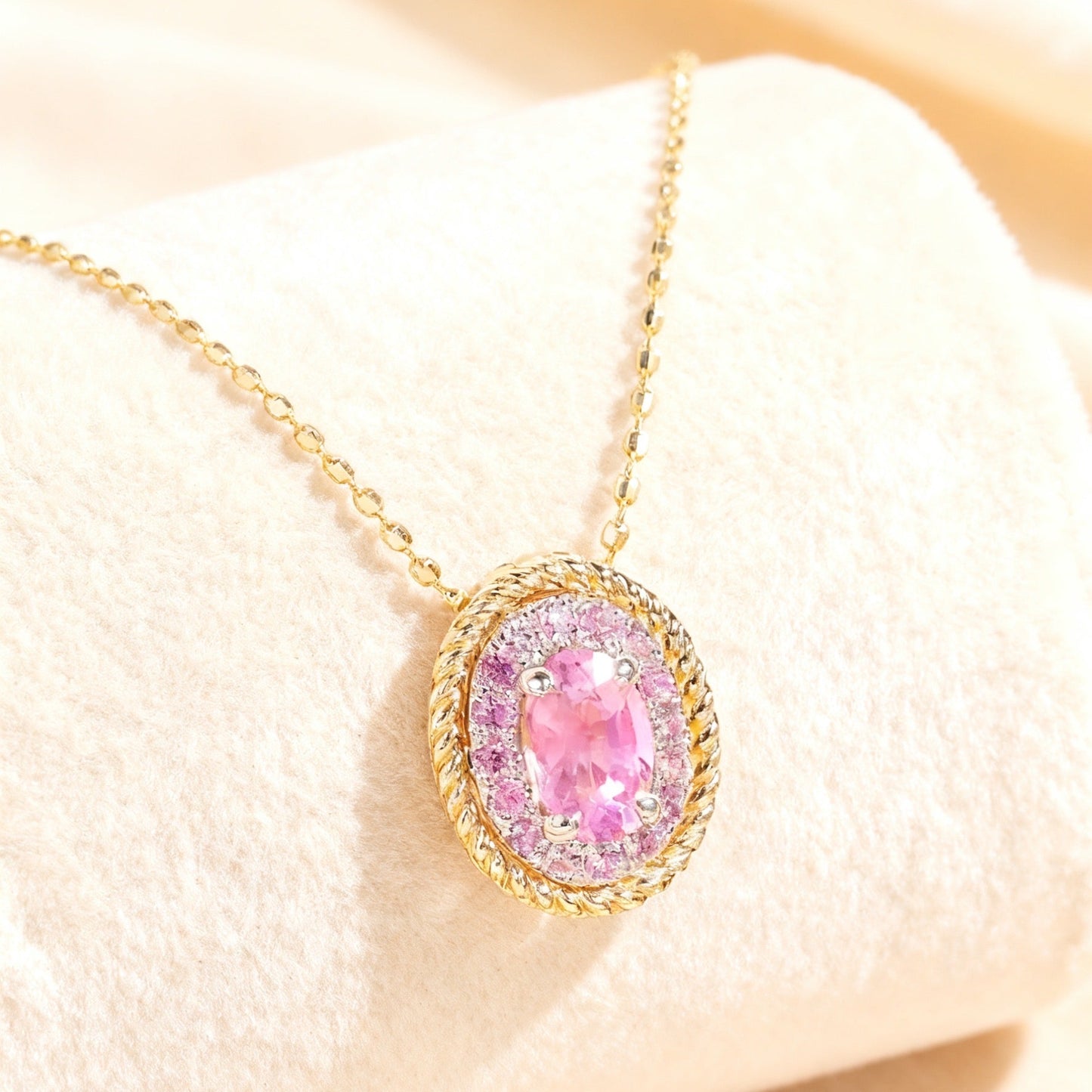 Oval Cut Pink Sapphire Halo Pendant Necklace | 18K Gold Plated 925 Sterling Silver Necklace