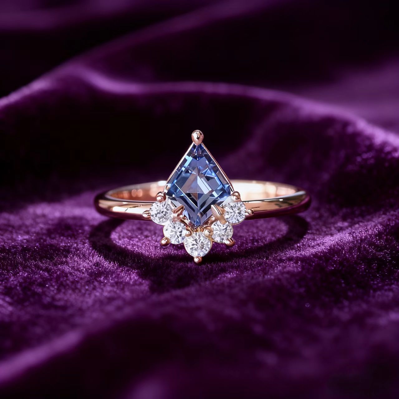 Kite Cut Lab-Grown Blue Sapphire Ring | 18K Rose Gold Plated Artistic Statement Ring