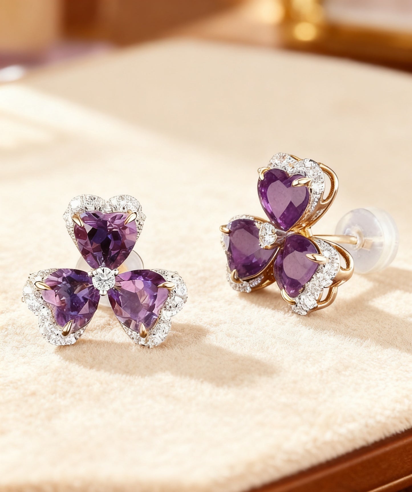 Heart-Cut Lab-Grown Amethyst Clover Earrings | 925 Sterling Silver Gold Plated with Moissanite Accents