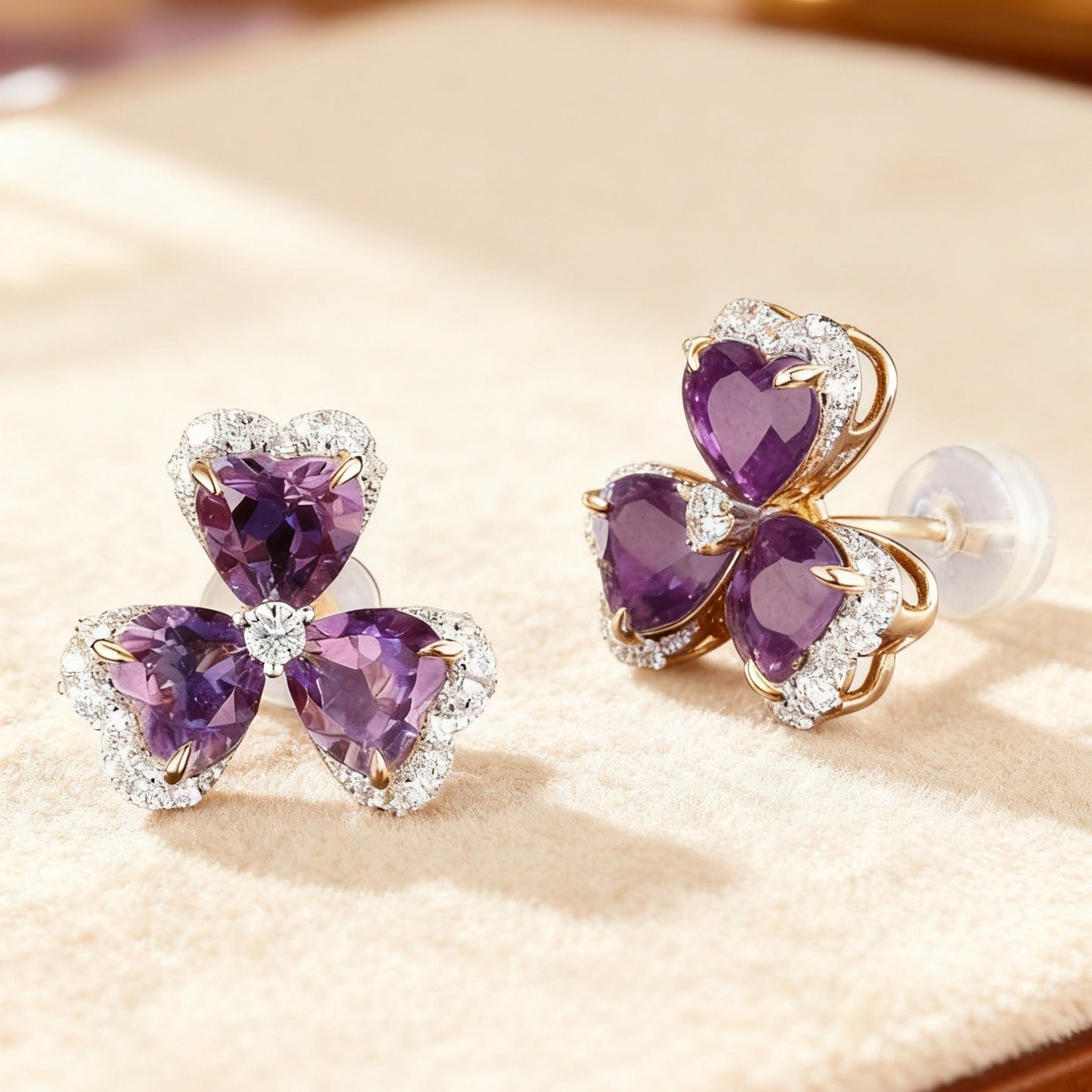 Heart-Cut Lab-Grown Amethyst Clover Earrings | 925 Sterling Silver Gold Plated with Moissanite Accents