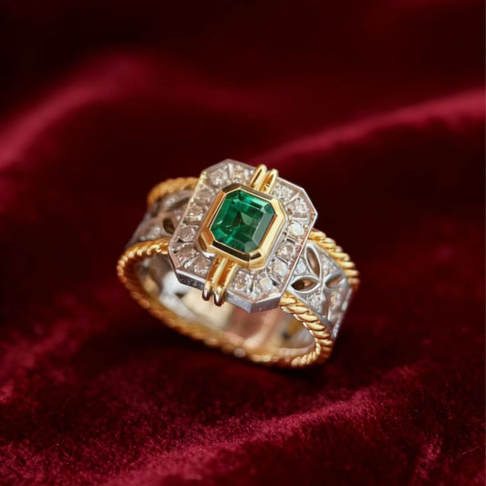 Emerald Cut Lab-Grown Emerald Two-Tone Ring | 925 Sterling Silver Gold Plated Statement Ring