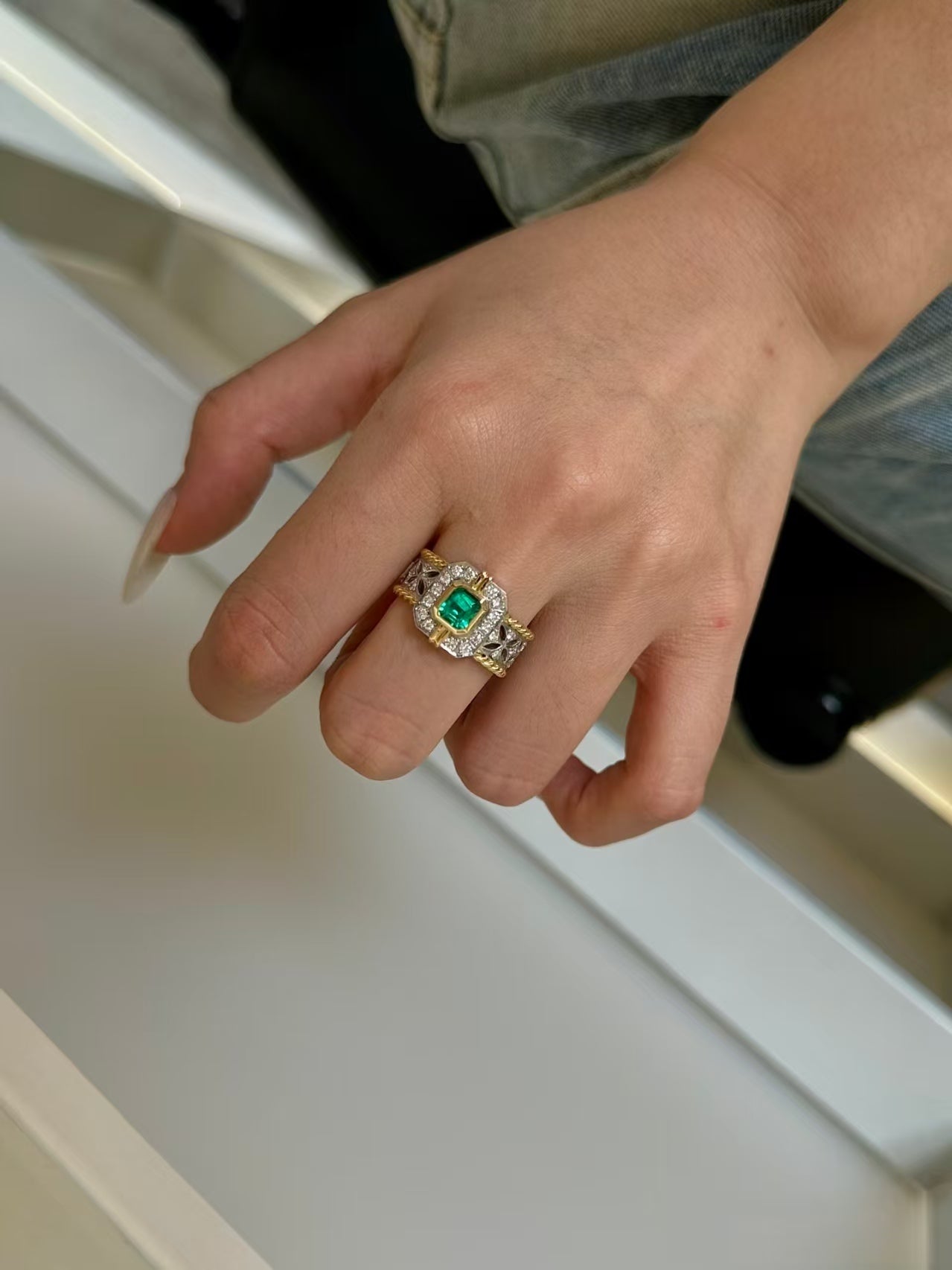 Emerald Cut Lab-Grown Emerald Two-Tone Ring | 925 Sterling Silver Gold Plated Statement Ring