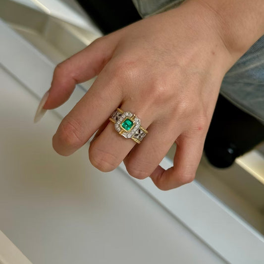 Emerald Cut Lab-Grown Emerald Two-Tone Ring | 925 Sterling Silver Gold Plated Statement Ring