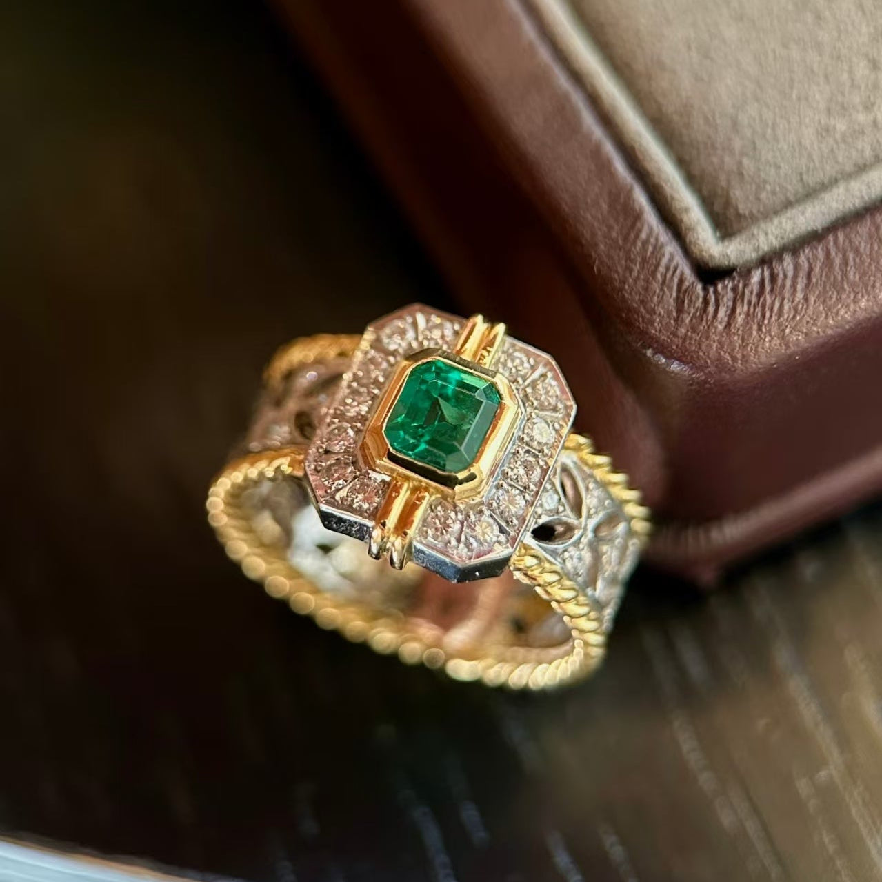 Emerald Cut Lab-Grown Emerald Two-Tone Ring | 925 Sterling Silver Gold Plated Statement Ring