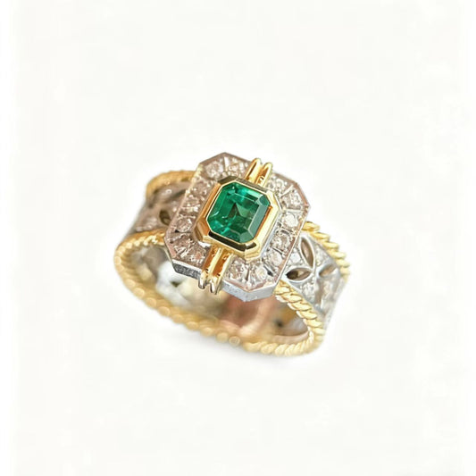 Emerald Cut Lab-Grown Emerald Two-Tone Ring | 925 Sterling Silver Gold Plated Statement Ring
