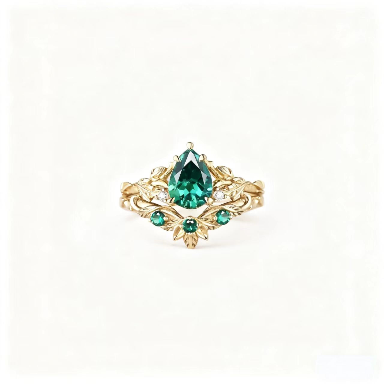 Pear-Cut Lab-Grown Emerald Vine Ring | 925 Sterling Silver Gold Plated Nature-Inspired Ring