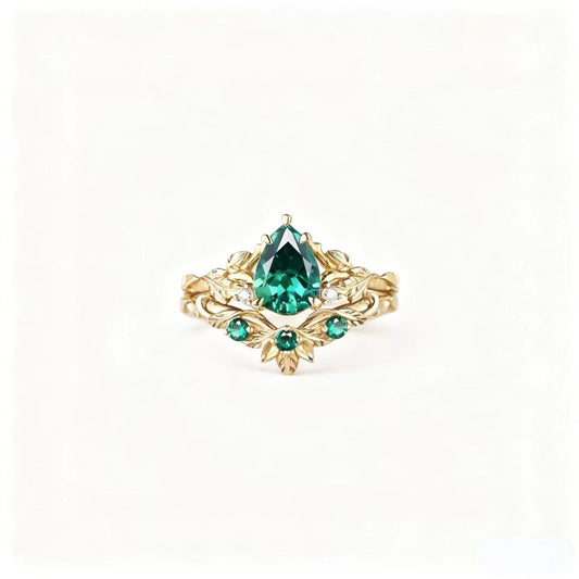 Pear-Cut Lab-Grown Emerald Vine Ring | 925 Sterling Silver Gold Plated Nature-Inspired Ring