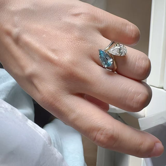 Pear-Cut Moissanite & Lab-Grown Spinel Stackable Ring Set | 925 Sterling Silver Gold Plated | BOCOS JEWELRY