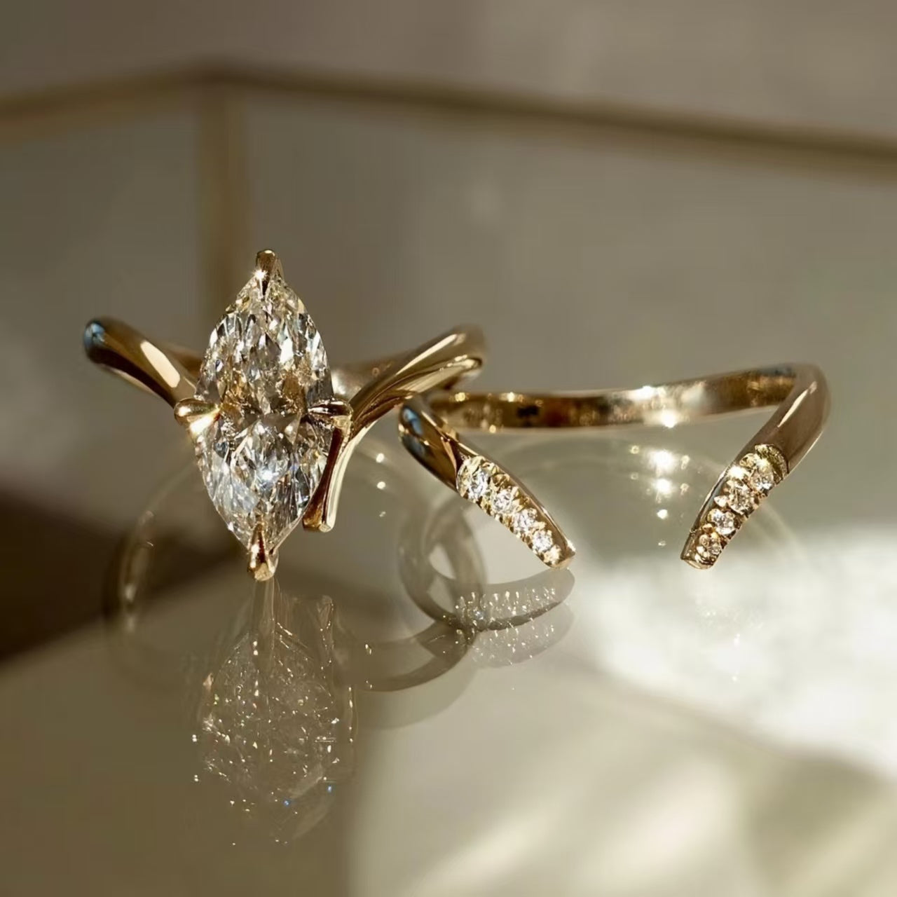 1.5ct Marquise Cut Moissanite Ring Set | 925 Sterling Silver Gold Plated | BOCOS JEWELRY