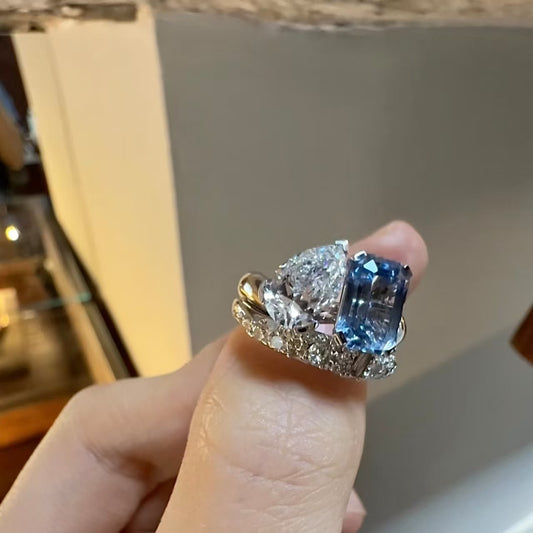 Pear-Cut Moissanite & Emerald-Cut Lab-Grown Sapphire Ring Set | 925 Sterling Silver Platinum Plated | BOCOS JEWELRY