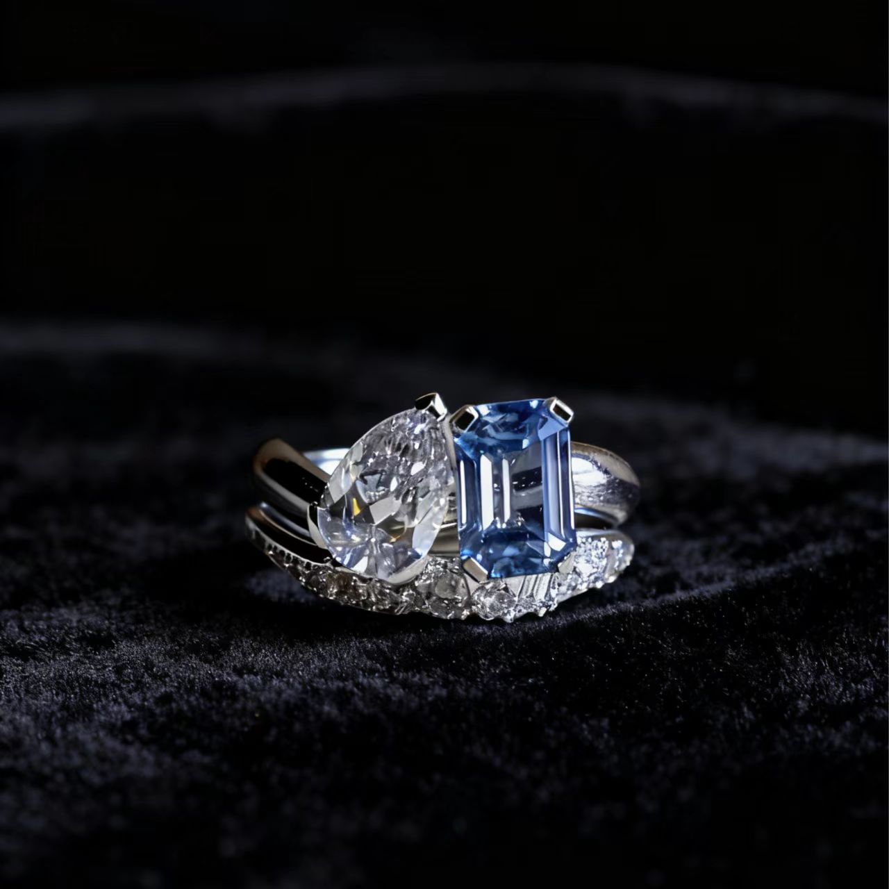 Pear-Cut Moissanite & Emerald-Cut Lab-Grown Sapphire Ring Set | 925 Sterling Silver Platinum Plated | BOCOS JEWELRY