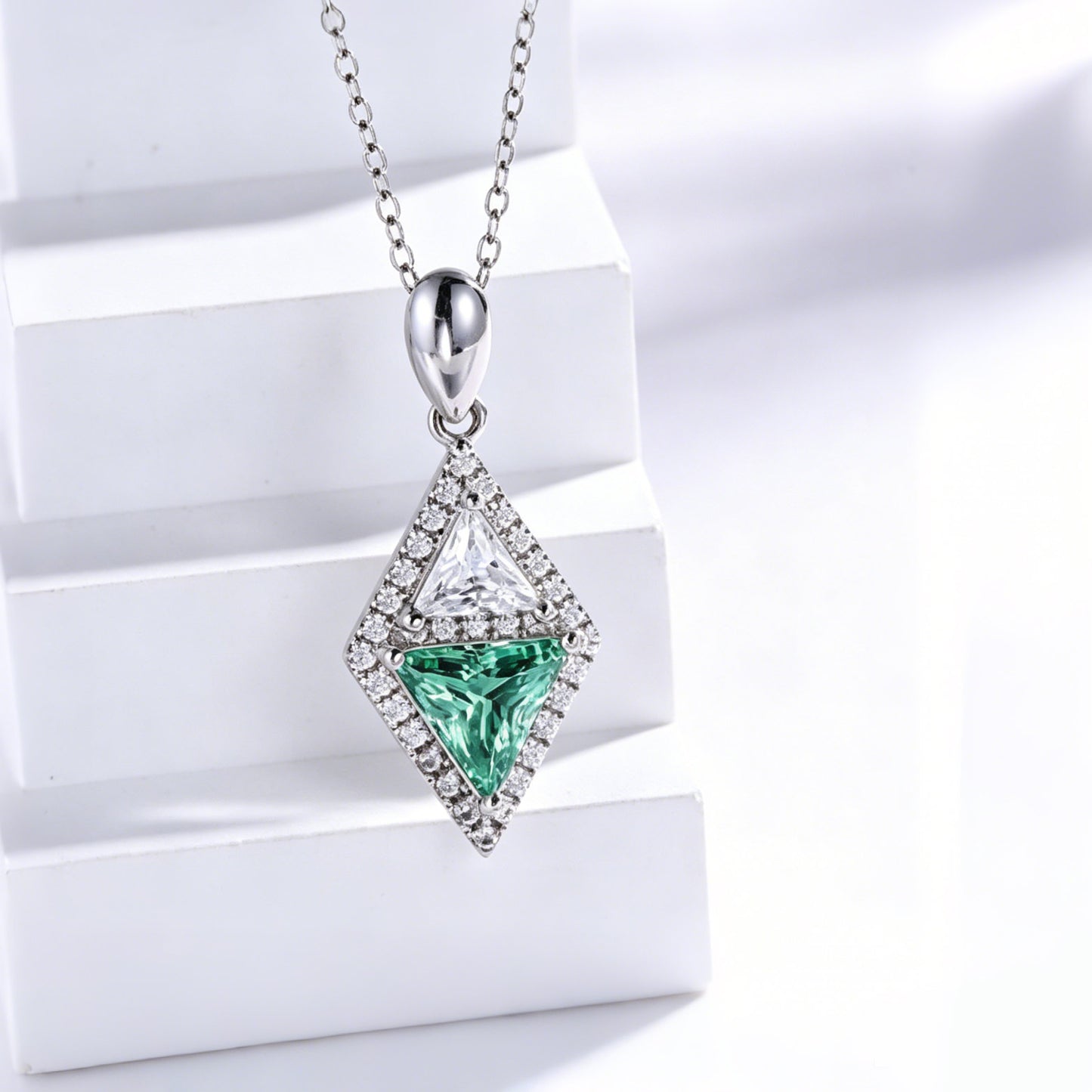 Geometric Triangle Zircon Pendant - Dual 7x7mm White Gold Plated 925 Silver