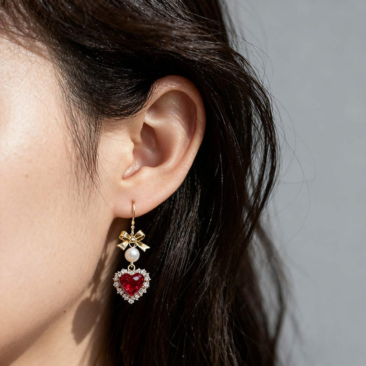 Heart - Cut Lab - Grown Ruby Halo Drop Earrings | Gold Plated | BOCOS JEWELRY - bocosjewelry