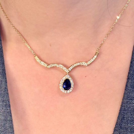Pear Cut Sapphire Halo Pendant - 18K Gold - BOCOS JEWELRY - bocosjewelry