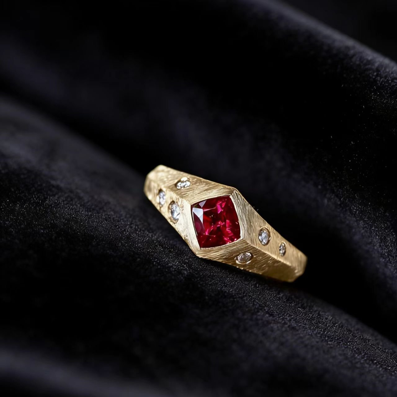 Textured Geometric Ring - 18k Yellow Gold (Princess - Cut Lab - Grown Ruby & Round - Cut Moissanite) - BOCOS JEWELRY - bocosjewelry