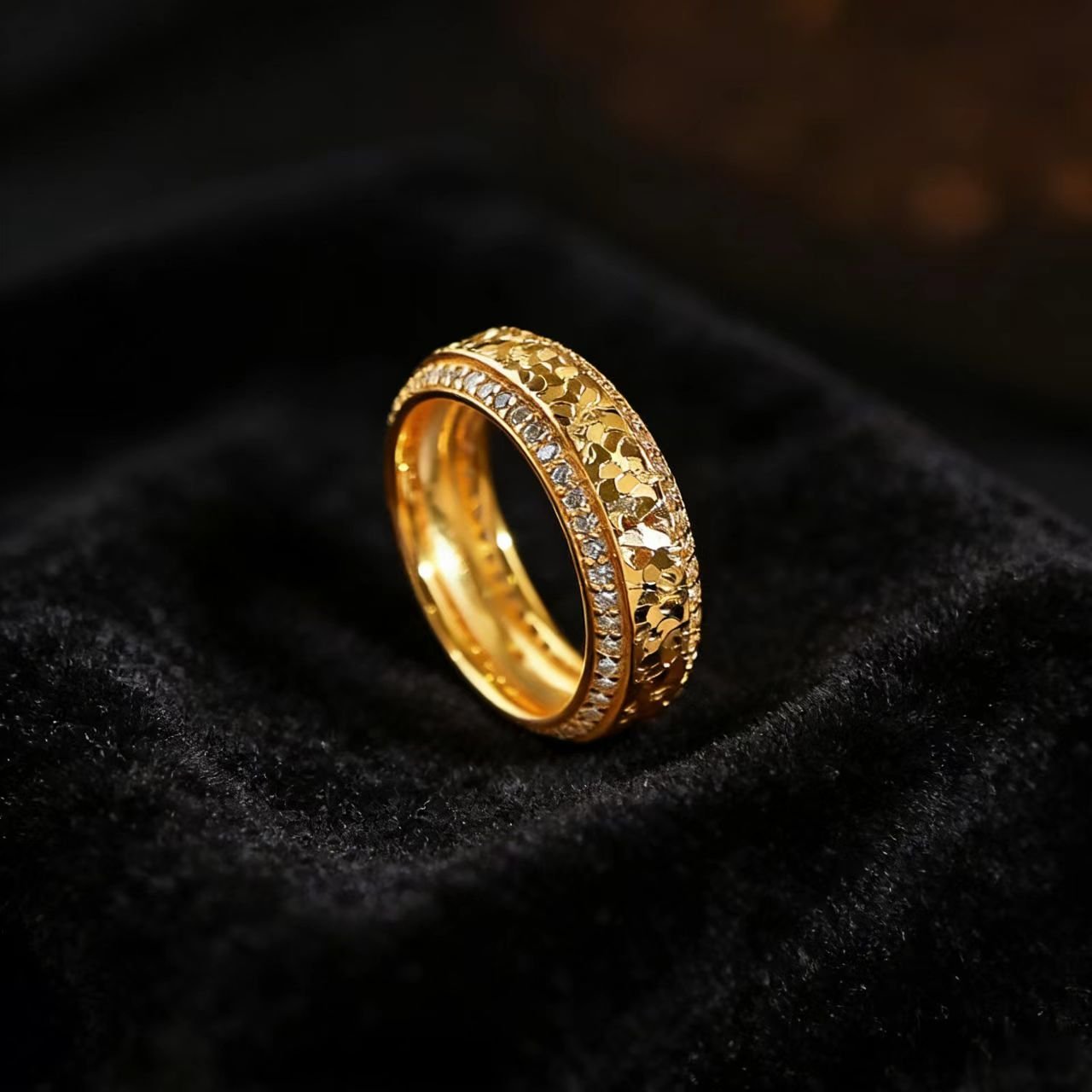 0.5ct Round - Cut Moissanite Crushed Ice Texture Ring - 18k Yellow Gold - BOCOS JEWELRY - bocosjewelry