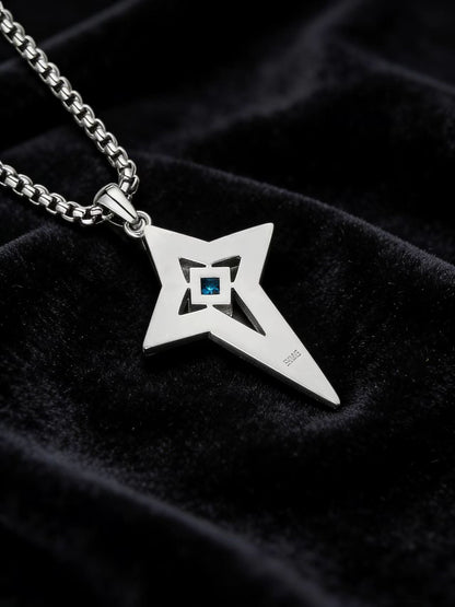 0.8ct Princess - Cut Lab - Grown Blue Sapphire Star Pendant Necklace - 925 Sterling Silver - BOCOS JEWELRY - bocosjewelry