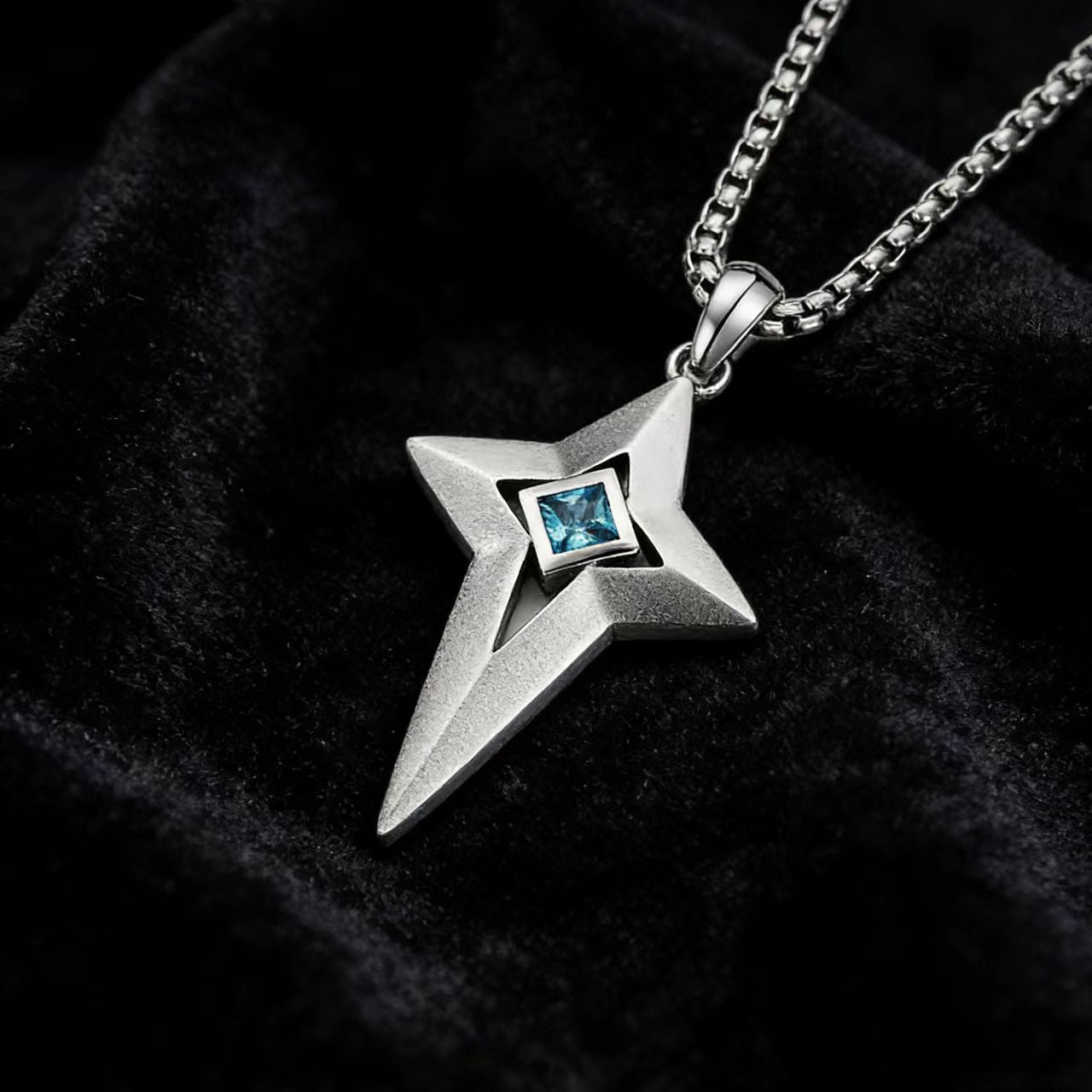 0.8ct Princess - Cut Lab - Grown Blue Sapphire Star Pendant Necklace - 925 Sterling Silver - BOCOS JEWELRY - bocosjewelry