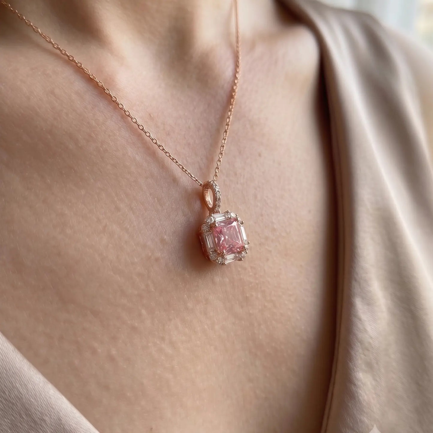 Pink Diamond Pendant - Princess Cut Halo Necklace