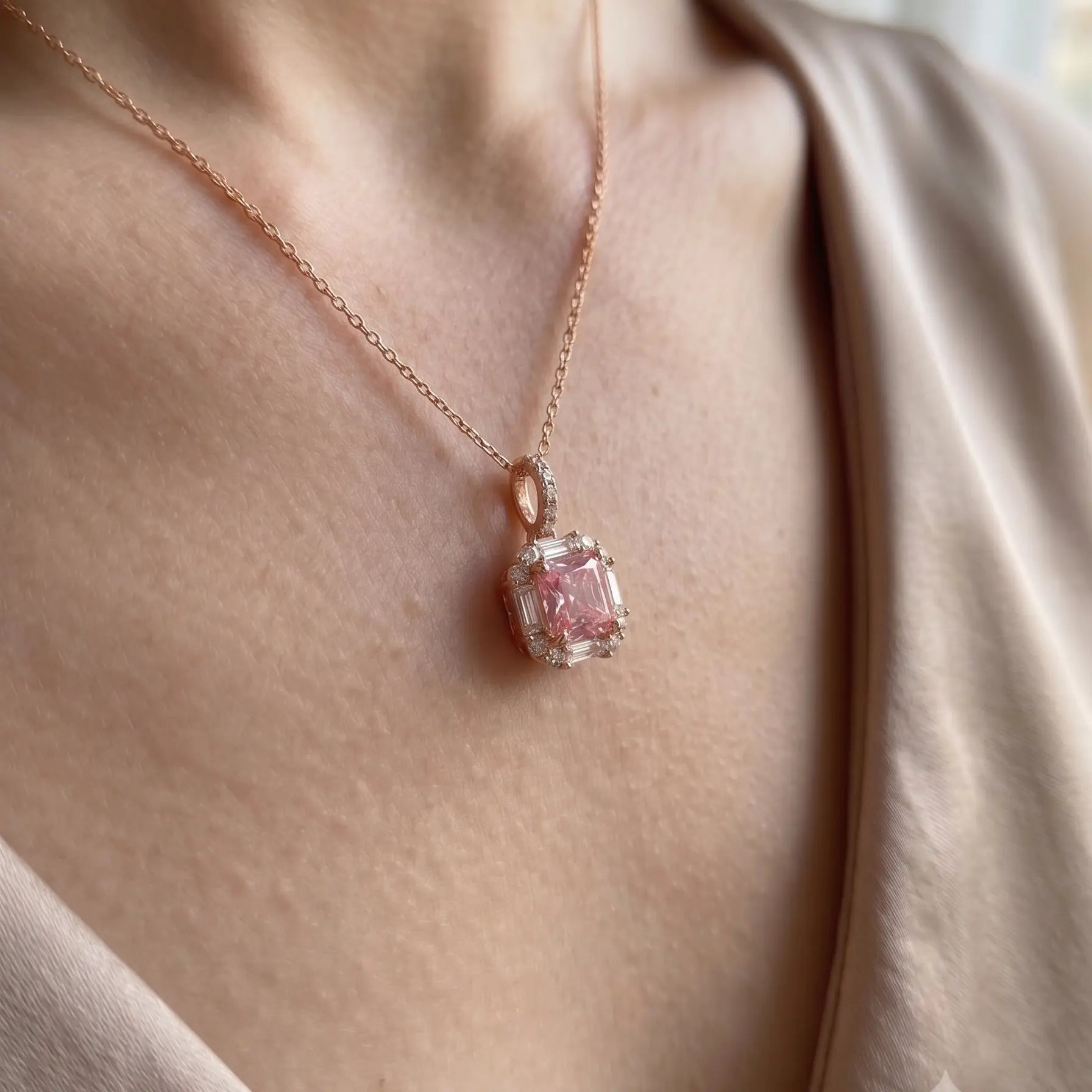 Pink Diamond Pendant - Princess Cut Halo Necklace