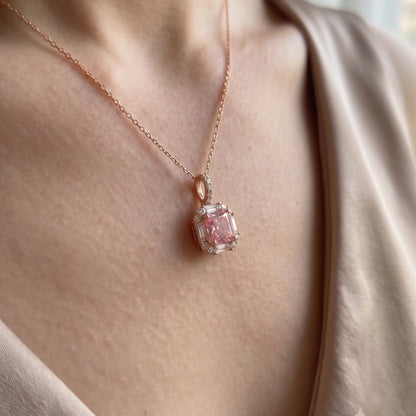 Pink Diamond Pendant - Princess Cut Halo Necklace