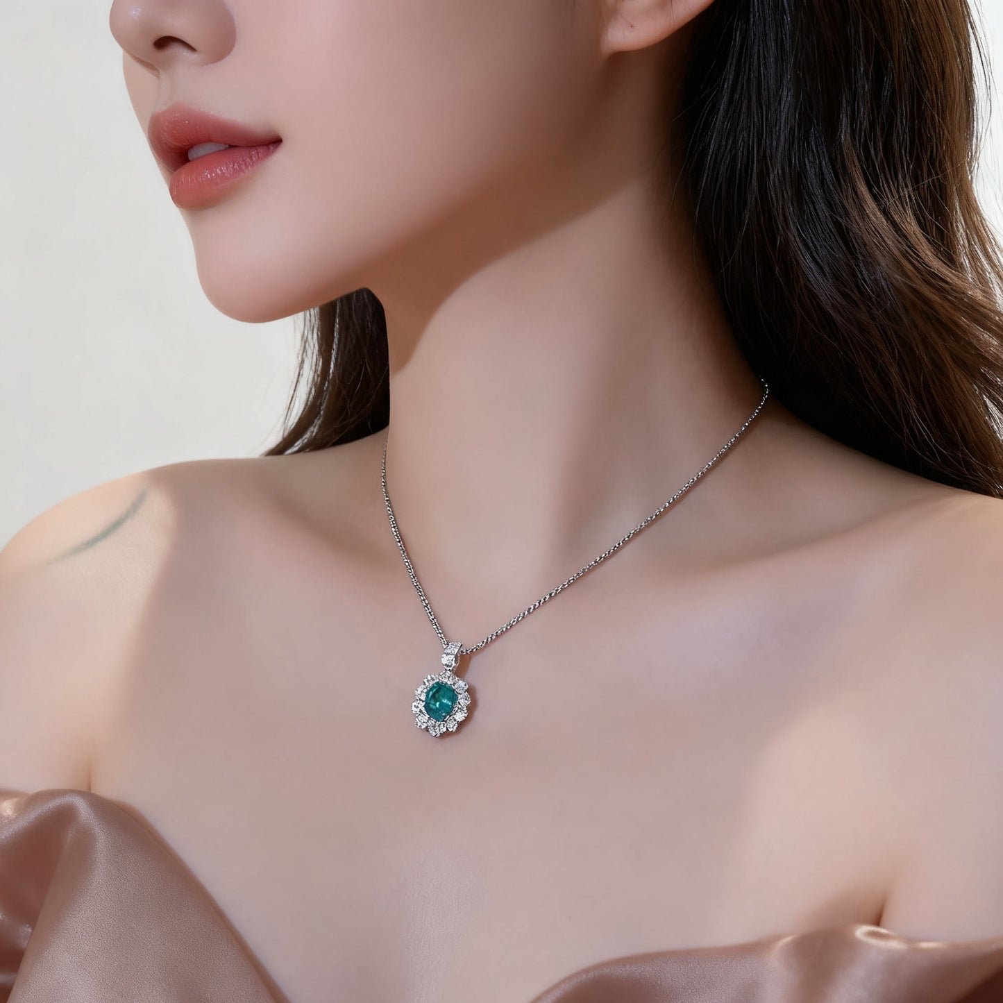 2.2ct Oval Cut Lab-Grown Paraiba Tourmaline Halo Pendant Necklace | 925 Sterling Silver 18K Gold Plated Statement Necklace