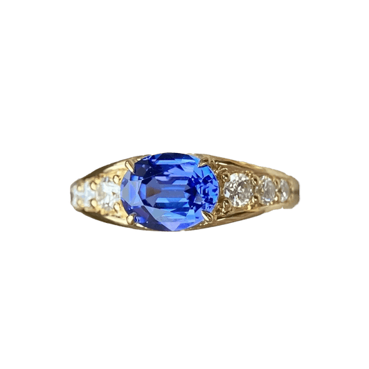 2.2ct Oval - Cut Lab - Grown Cornflower Sapphire Ring - 18k Yellow Gold - BOCOS JEWELRY - bocosjewelry