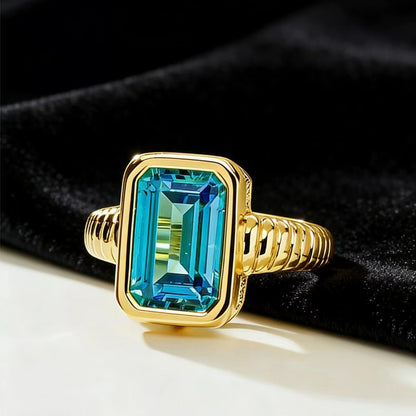 2.5ct Emerald - Cut Lab - Grown Blue Sapphire Ring - 18k Yellow Gold - BOCOS JEWELRY - bocosjewelry