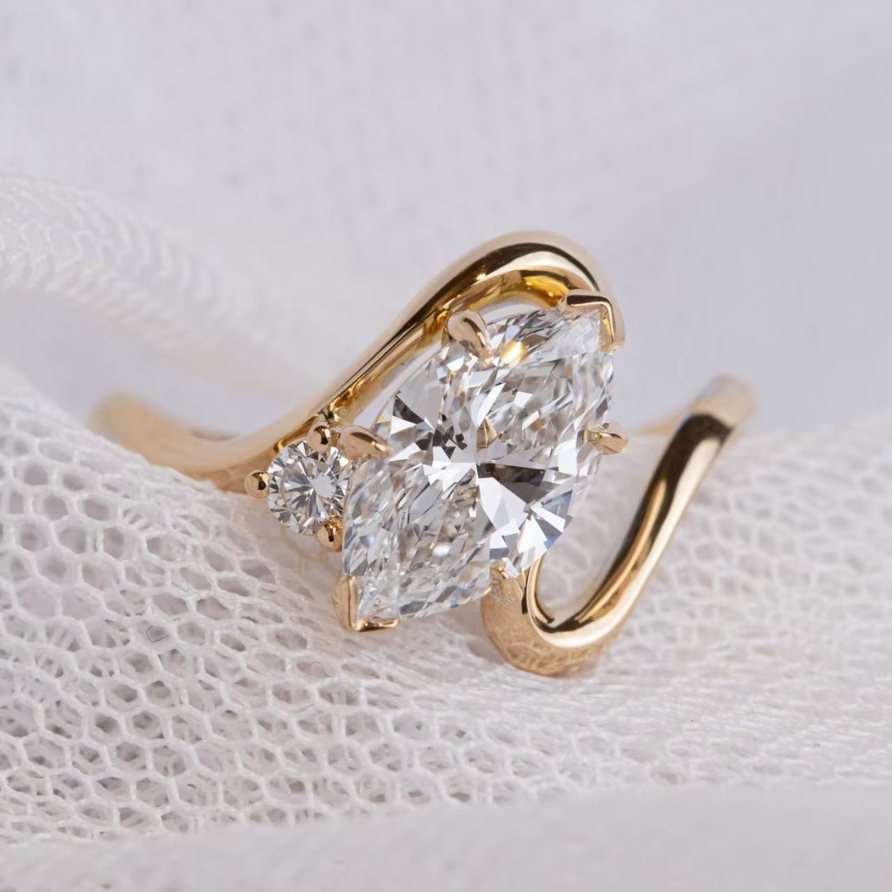 2.5ct Curved Wrap Marquise Cut Engagement Ring - 18K Yellow Gold Moissanite Ring