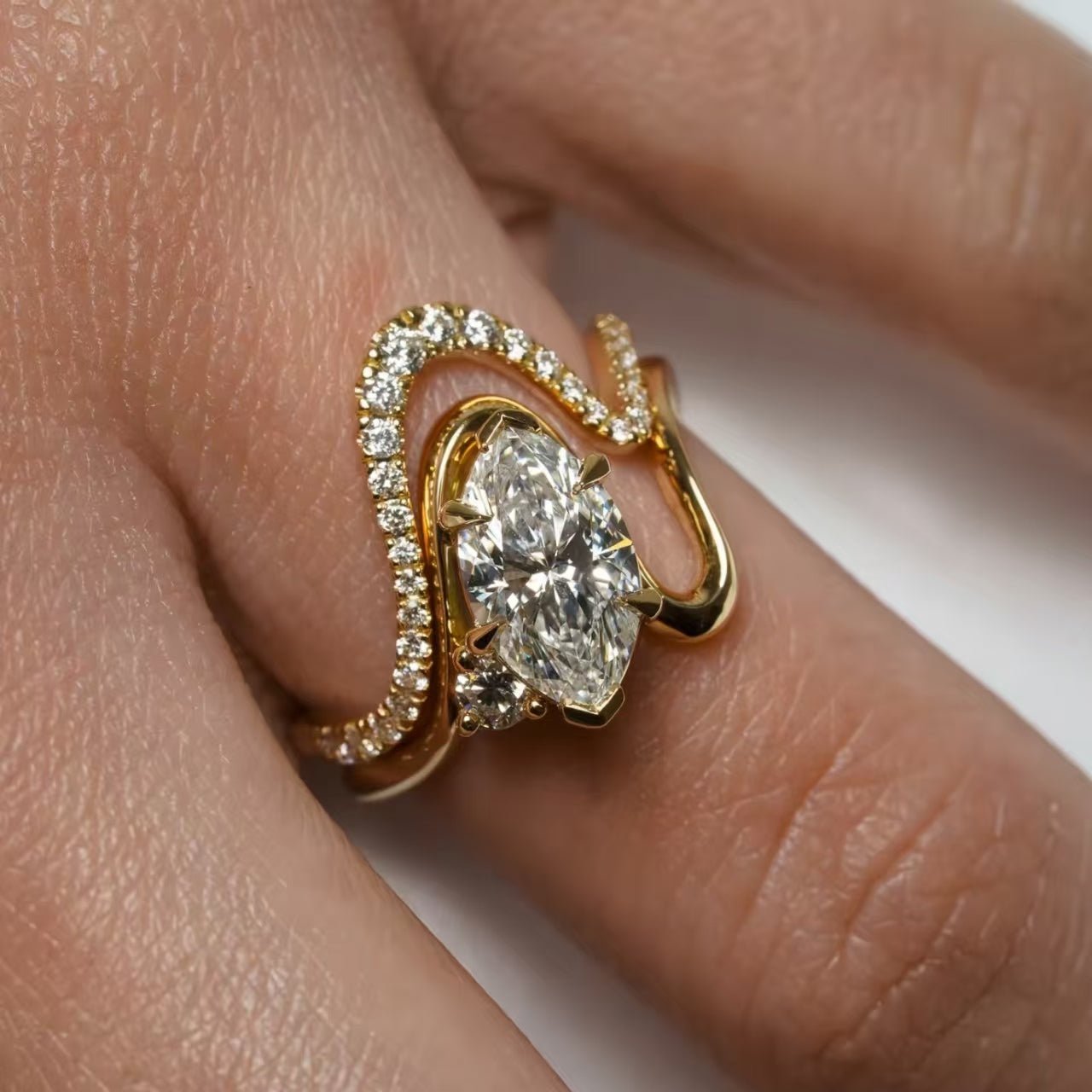 2.5ct Curved Wrap Marquise Cut Engagement Ring - 18K Yellow Gold Moissanite Ring