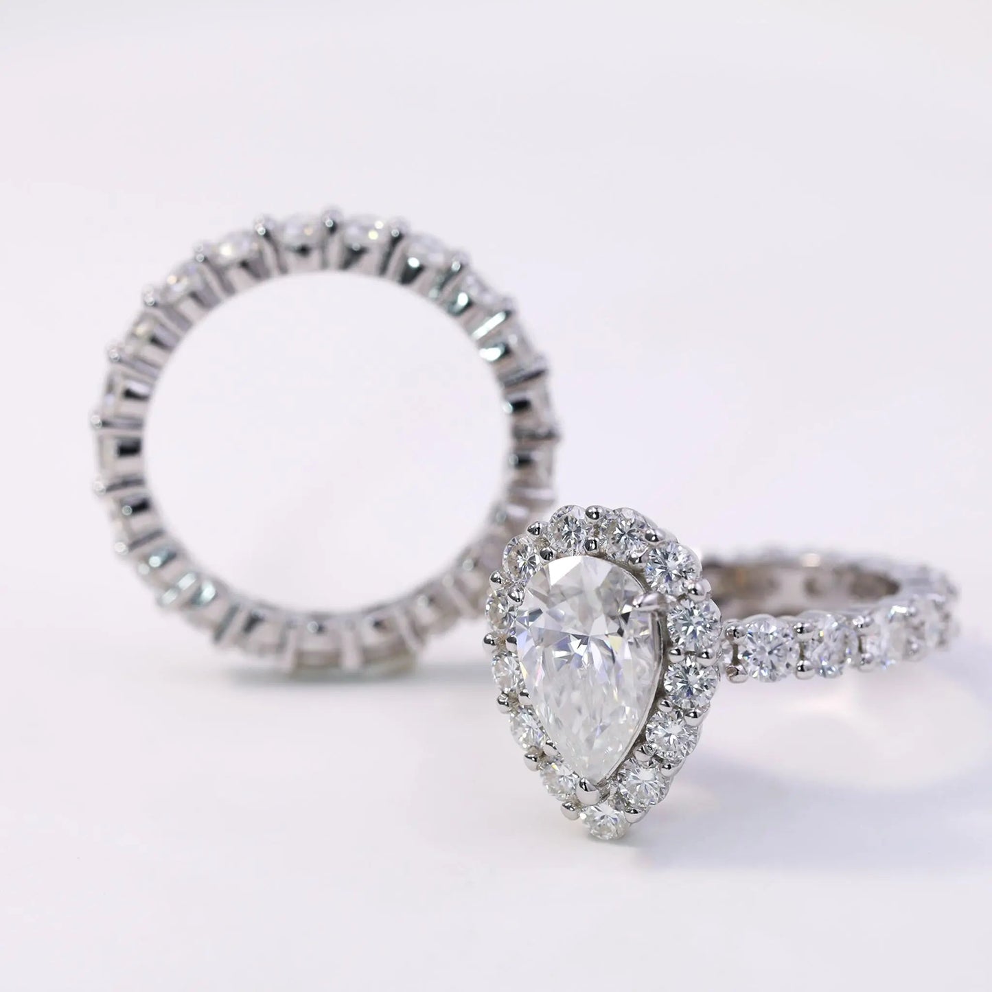 3ct Pear - Shaped Moissanite Engagement Ring Set – 925 Sterling Silver with Round Cut Moissanite Eternity Band - bocosjewelry