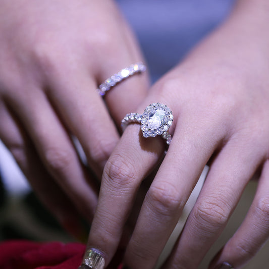 3ct Pear Shaped Moissanite Engagement Ring Set – 925 Sterling Silver Halo Bridal Ring Set for Women