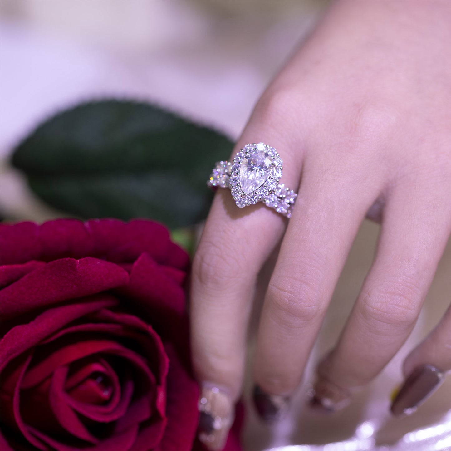 3ct Pear Shaped Moissanite Engagement Ring Set – 925 Sterling Silver Halo Bridal Ring Set for Women