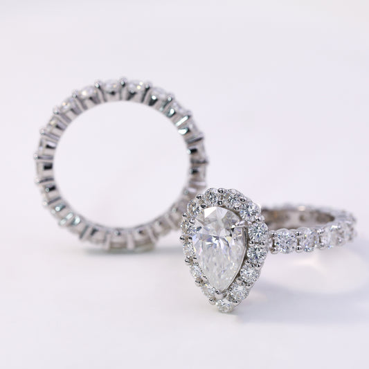 3ct Pear Shaped Moissanite Engagement Ring Set – 925 Sterling Silver Halo Bridal Ring Set for Women