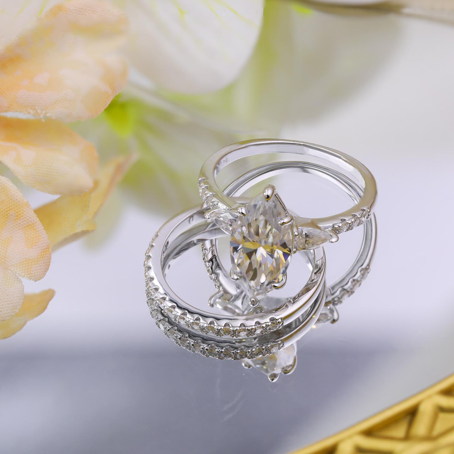 4ct Marquise Cut Moissanite Engagement Ring – Sterling Silver Wedding Band